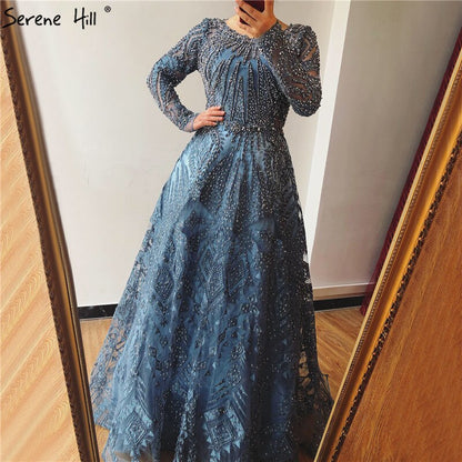 dubai Luxury Designer Navy Blue Lace Beaded A line Muslim Long Evening Dresses 2025 Formal Dress Serene Hill Plus Size LA60900 - SERENE HILL