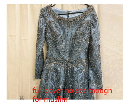 dubai Luxury Designer Navy Blue Lace Beaded A line Muslim Long Evening Dresses 2025 Formal Dress Serene Hill Plus Size LA60900 - SERENE HILL