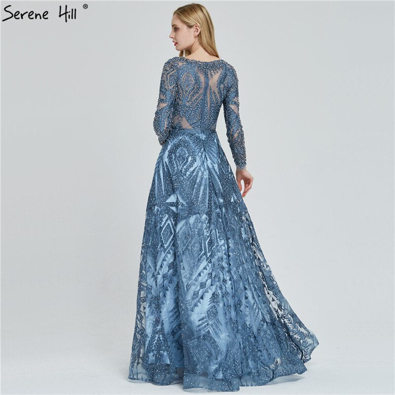 dubai Luxury Designer Navy Blue Lace Beaded A line Muslim Long Evening Dresses 2025 Formal Dress Serene Hill Plus Size LA60900 - SERENE HILL