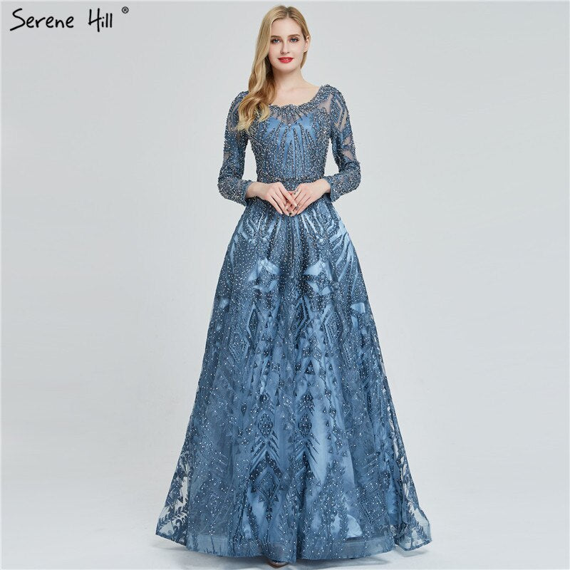 dubai Luxury Designer Navy Blue Lace Beaded A line Muslim Long Evening Dresses 2025 Formal Dress Serene Hill Plus Size LA60900 - SERENE HILL
