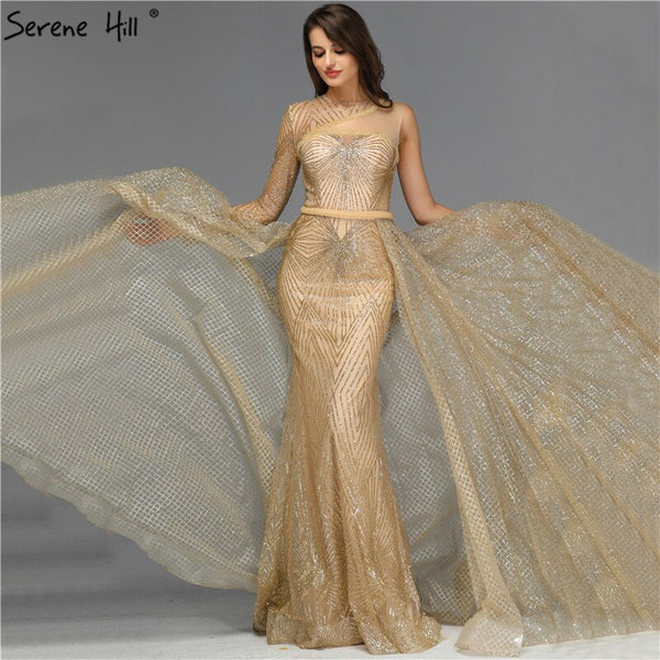 On Sale no return no refundSale Dubai Luxury Gold One Shoulder Evening Dresses 2025 Mermaid Sexy Glitter Evening Gowns Design Serene Hill LA70044