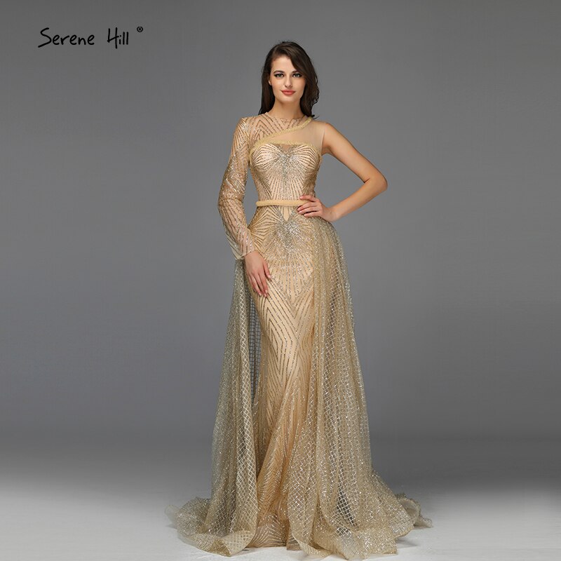 On Sale no return no refundSale Dubai Luxury Gold One Shoulder Evening Dresses 2025 Mermaid Sexy Glitter Evening Gowns Design Serene Hill LA70044 - SERENE HILL