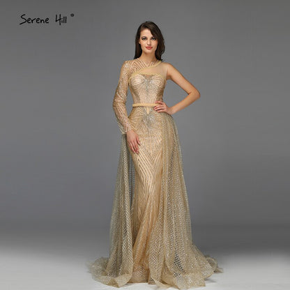On Sale no return no refundSale Dubai Luxury Gold One Shoulder Evening Dresses 2025 Mermaid Sexy Glitter Evening Gowns Design Serene Hill LA70044 - SERENE HILL