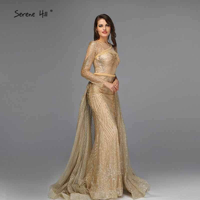 On Sale no return no refundSale Dubai Luxury Gold One Shoulder Evening Dresses 2025 Mermaid Sexy Glitter Evening Gowns Design Serene Hill LA70044 - SERENE HILL