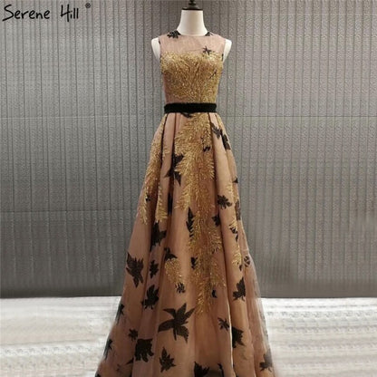 On Sale no return no refundSale Dubai Luxury Gold Sequined A-Line Evening Dresses O-Neck Sleeveless Sexy Formal Dress 2025 Serene Hill LA70001 - SERENE HILL