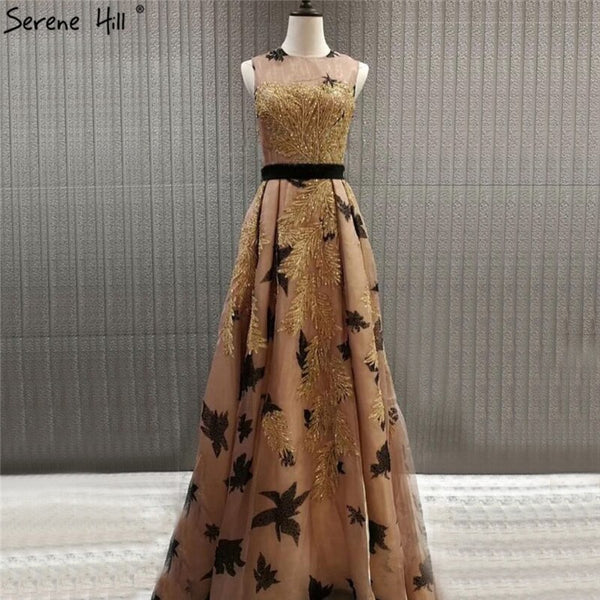 On Sale no return no refundSale Dubai Luxury Gold Sequined A-Line Evening Dresses O-Neck Sleeveless Sexy Formal Dress 2025 Serene Hill LA70001