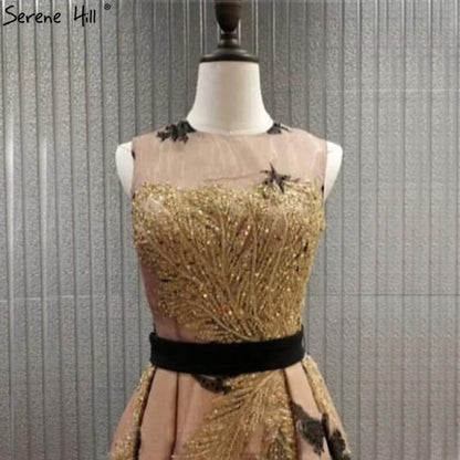 On Sale no return no refundSale Dubai Luxury Gold Sequined A-Line Evening Dresses O-Neck Sleeveless Sexy Formal Dress 2025 Serene Hill LA70001 - SERENE HILL