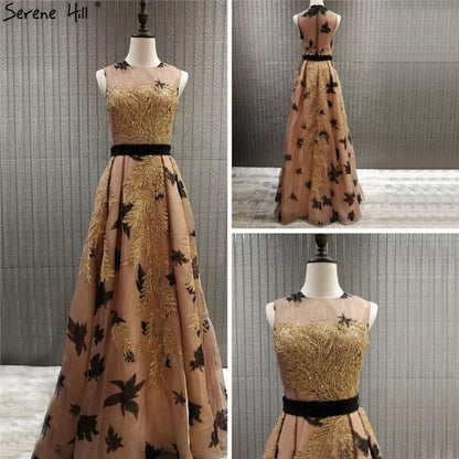 On Sale no return no refundSale Dubai Luxury Gold Sequined A-Line Evening Dresses O-Neck Sleeveless Sexy Formal Dress 2025 Serene Hill LA70001 - SERENE HILL