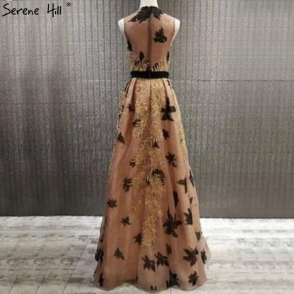 On Sale no return no refundSale Dubai Luxury Gold Sequined A-Line Evening Dresses O-Neck Sleeveless Sexy Formal Dress 2025 Serene Hill LA70001 - SERENE HILL