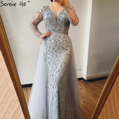 Luxury Grey Mermaid Evening Dress with Detachable Train and Diamond Beading LA70341 - SERENE HILL