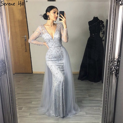 Luxury Grey Mermaid Evening Dress with Detachable Train and Diamond Beading LA70341 - SERENE HILL