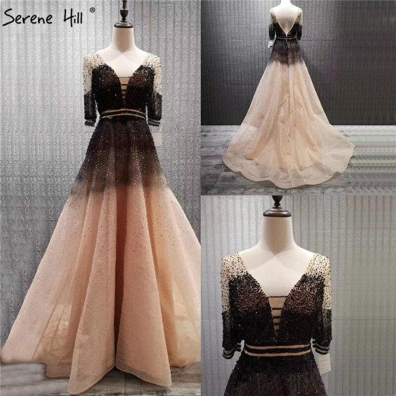 On Sale no return no refundSale Dubai Luxury Half Sleeves A-Line Evening Dresses Black Backless Tulle Sexy Evening Gowns 2025 Serene Hill LA60808 - SERENE HILL