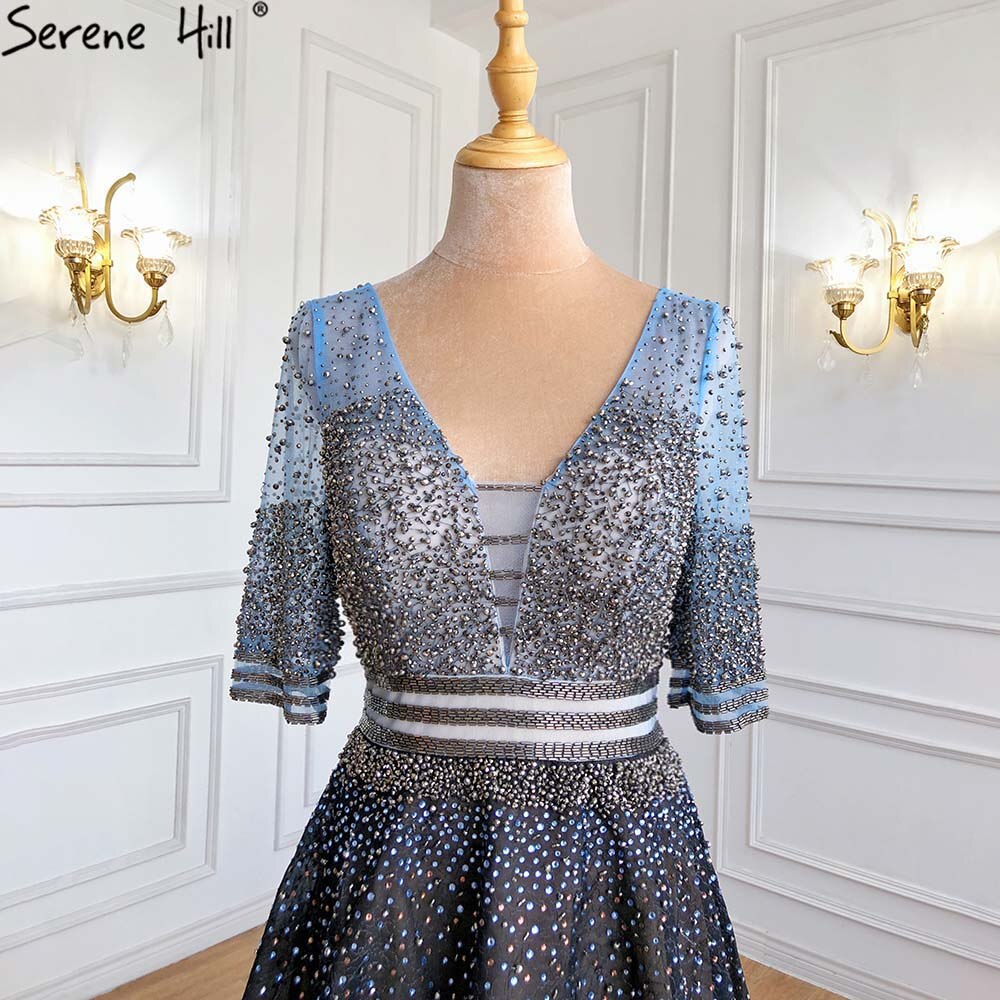 On Sale no return no refundSale Dubai Luxury Half Sleeves A-Line Evening Dresses Black Backless Tulle Sexy Evening Gowns 2025 Serene Hill LA60808 - SERENE HILL