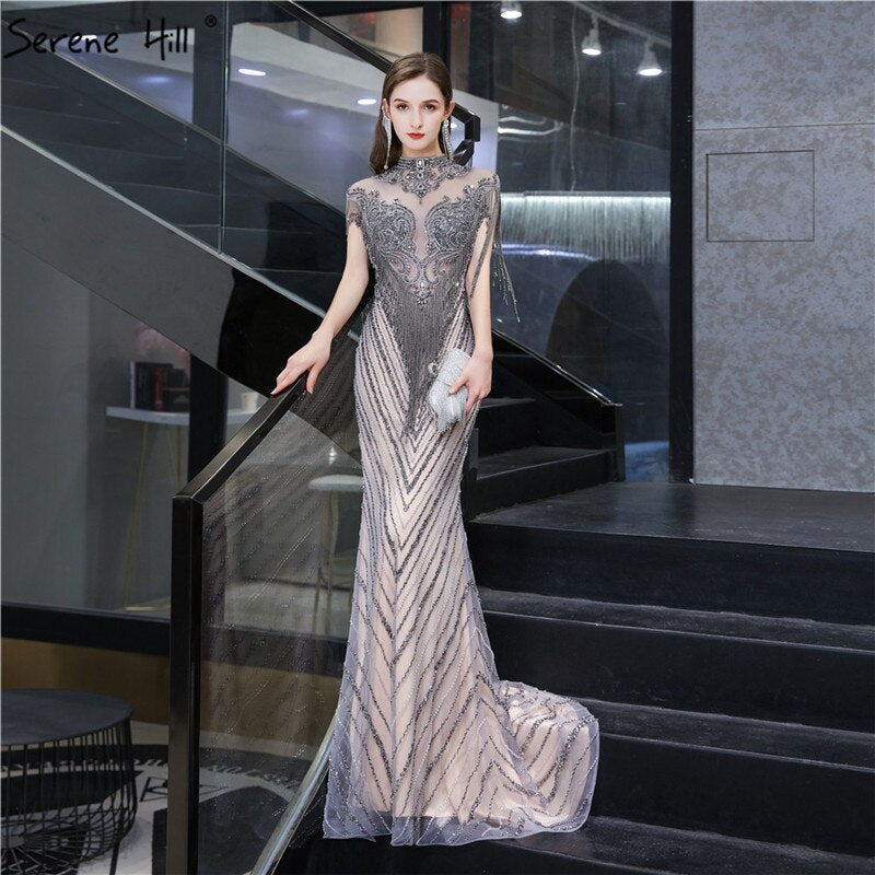 Dubai Luxury High-end Sexy Evening Dresses 2025 Champagne Grey Beading Tassel Formal Dress Serene Hill LA60811 - SERENE HILL