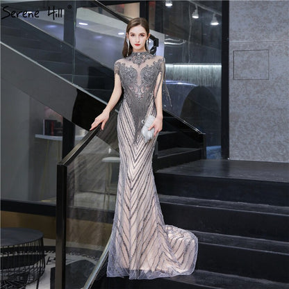 Dubai Luxury High-end Sexy Evening Dresses 2025 Champagne Grey Beading Tassel Formal Dress Serene Hill LA60811 - SERENE HILL