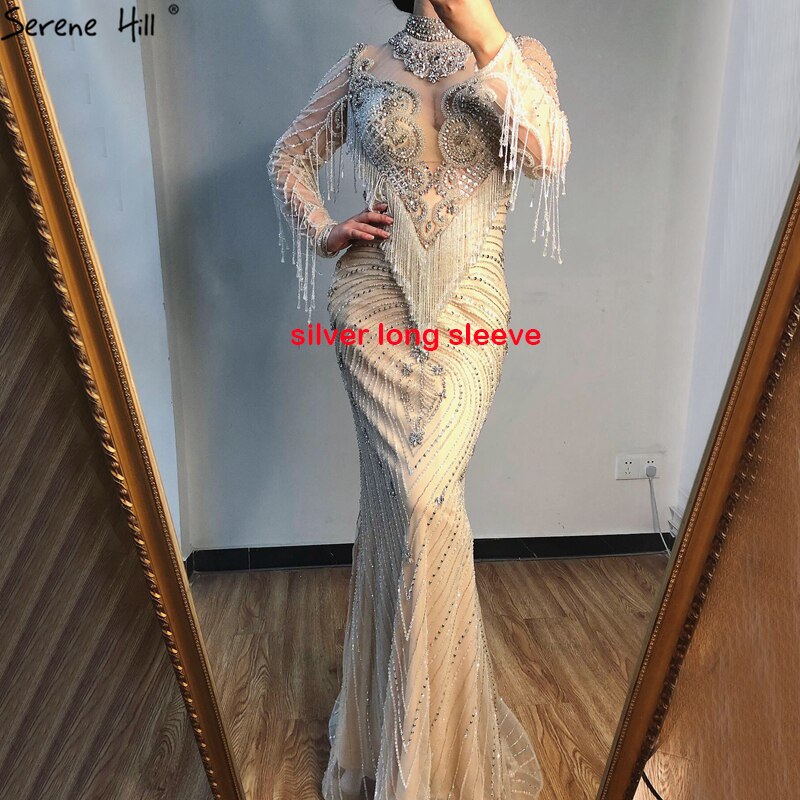 Dubai Luxury High-end Sexy Evening Dresses 2025 Champagne Grey Beading Tassel Formal Dress Serene Hill LA60811 - SERENE HILL