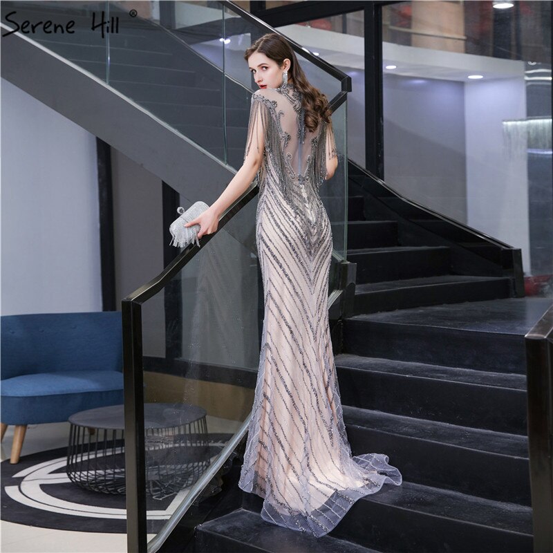 Dubai Luxury High-end Sexy Evening Dresses 2025 Champagne Grey Beading Tassel Formal Dress Serene Hill LA60811 - SERENE HILL