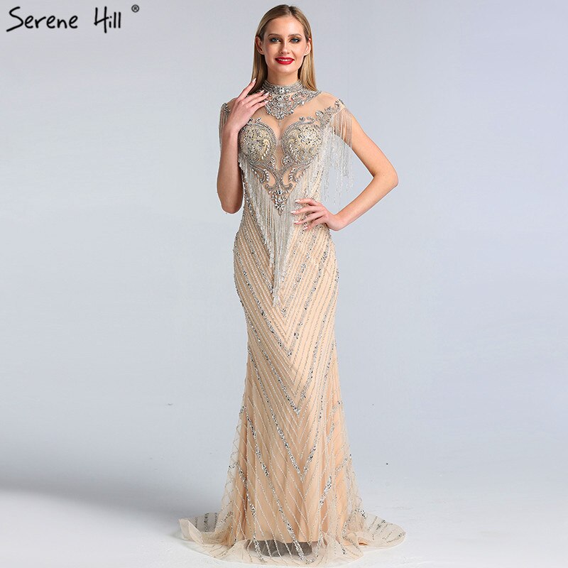 Dubai Luxury High-end Sexy Evening Dresses 2025 Champagne Grey Beading Tassel Formal Dress Serene Hill LA60811 - SERENE HILL