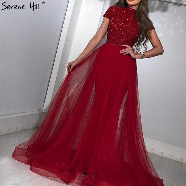 On Sale No Return No Refund  Dubai Luxury Latest Design Red Evening Dresses 2025 Crystal Short Sleeves Evening Gowns Serene Hill LA60793