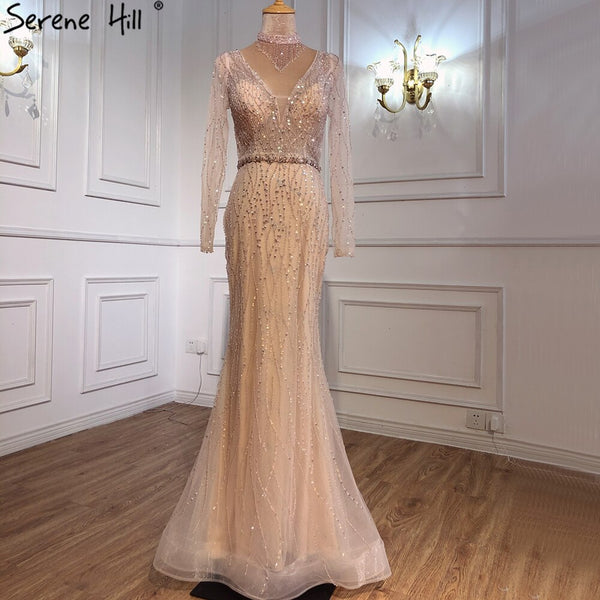 Dubai Mermaid Pink Beading Sequins Evening Dresses V-Neck Long Sleeves Luxury Formal Dress Serene Hill 2025 LA70526