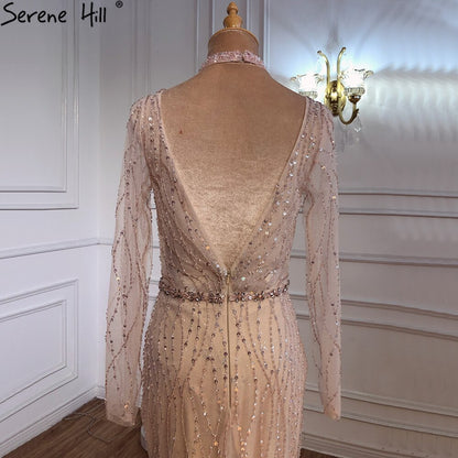 Dubai Mermaid Pink Beading Sequins Evening Dresses V-Neck Long Sleeves Luxury Formal Dress Serene Hill 2025 LA70526 - SERENE HILL