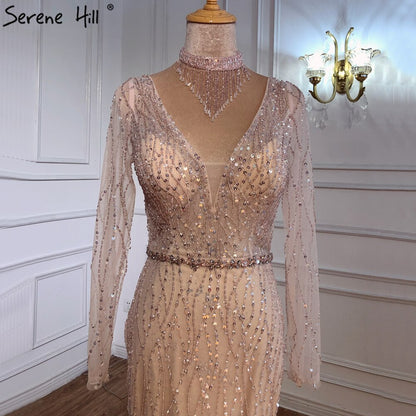 Dubai Mermaid Pink Beading Sequins Evening Dresses V-Neck Long Sleeves Luxury Formal Dress Serene Hill 2025 LA70526 - SERENE HILL