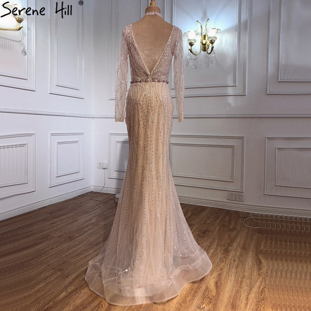 Dubai Mermaid Pink Beading Sequins Evening Dresses V-Neck Long Sleeves Luxury Formal Dress Serene Hill 2025 LA70526 - SERENE HILL