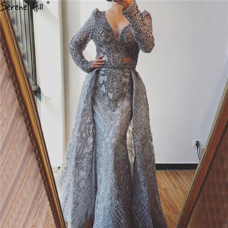 Dubai Muslim Blue Luxury Long elegant Evening Dresses 2025 Crystal Mermaid Evening Gowns Plus Size LA70159 - SERENE HILL