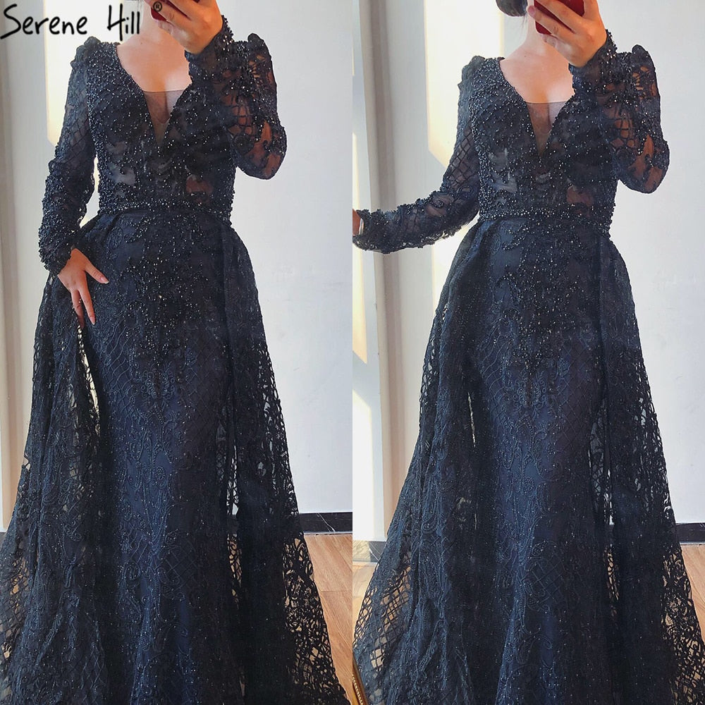 Dubai Muslim Blue Luxury Long elegant Evening Dresses 2025 Crystal Mermaid Evening Gowns Plus Size LA70159 - SERENE HILL