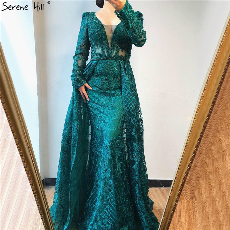 Dubai Muslim Blue Luxury Long elegant Evening Dresses 2025 Crystal Mermaid Evening Gowns Plus Size LA70159 - SERENE HILL