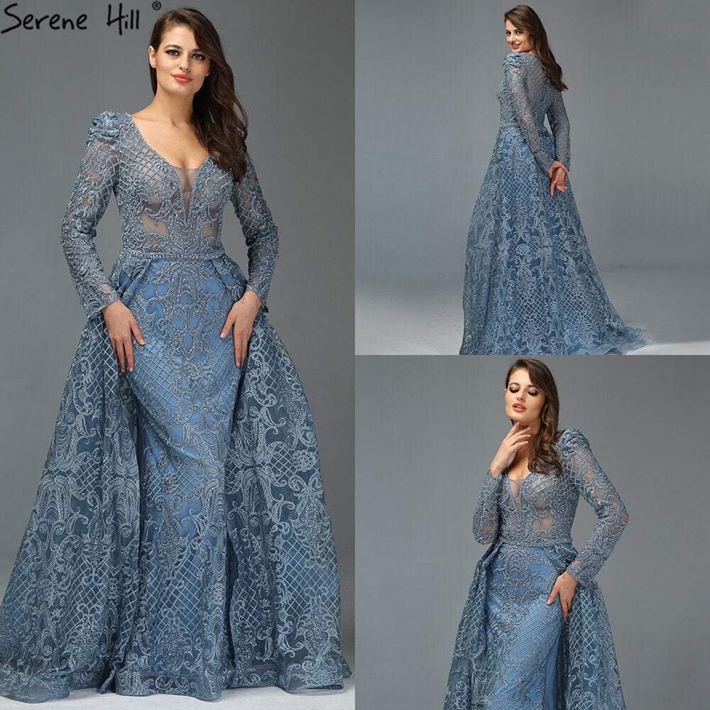 Dubai Muslim Blue Luxury Long elegant Evening Dresses 2025 Crystal Mermaid Evening Gowns Plus Size LA70159 - SERENE HILL