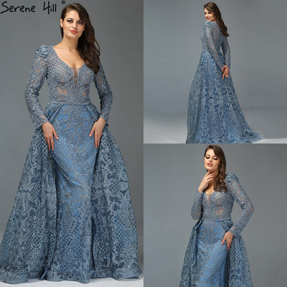 Dubai Muslim Blue Luxury Long elegant Evening Dresses 2025 Crystal Mermaid Evening Gowns Plus Size LA70159 - SERENE HILL