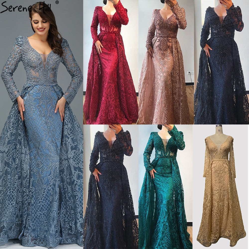 Dubai Muslim Blue Luxury Long elegant Evening Dresses 2025 Crystal Mermaid Evening Gowns Plus Size LA70159 - SERENE HILL