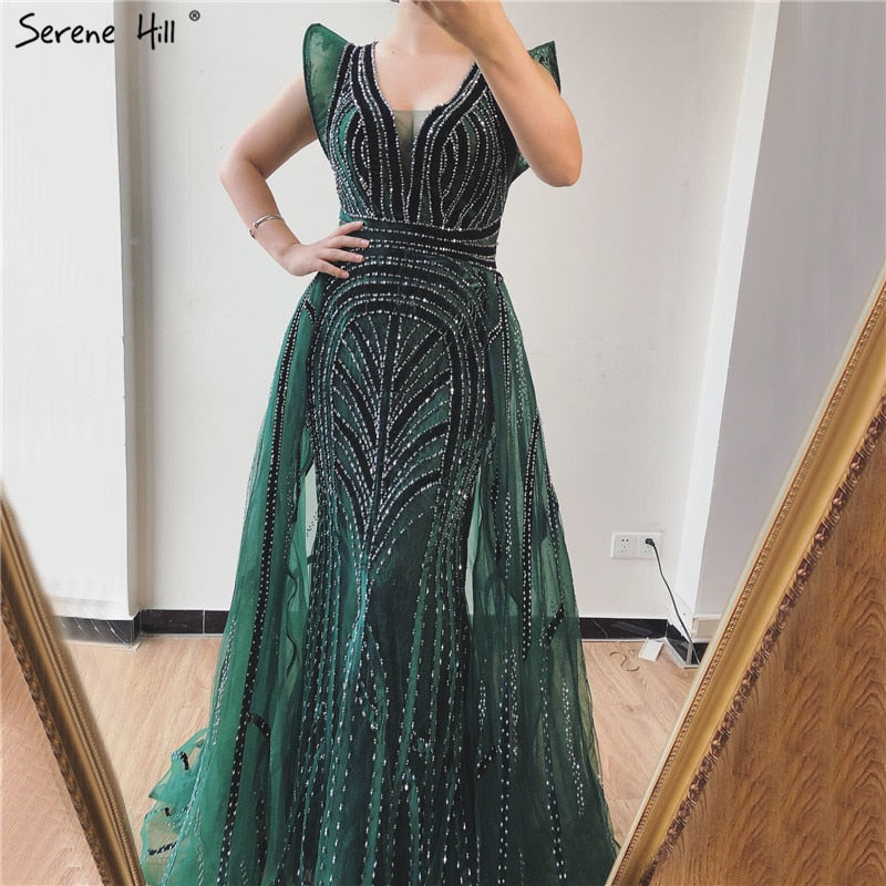 Dubai Navy Blue Deep-V Sexy Evening Dresses 2025 Sleeveless Crystal Luxury Mermaid Evening Gowns Design Serene Hill LA70198 - SERENE HILL