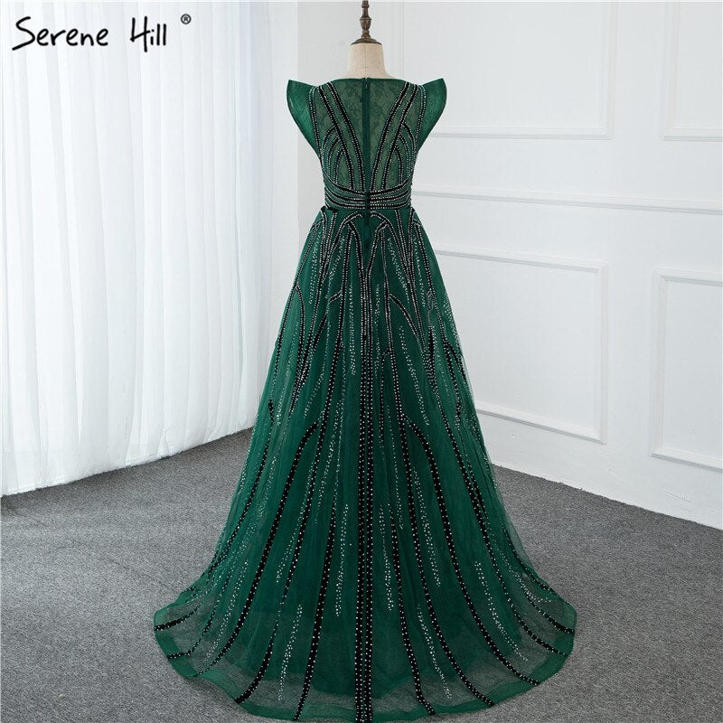 Dubai Navy Blue Deep-V Sexy Evening Dresses 2025 Sleeveless Crystal Luxury Mermaid Evening Gowns Design Serene Hill LA70198 - SERENE HILL
