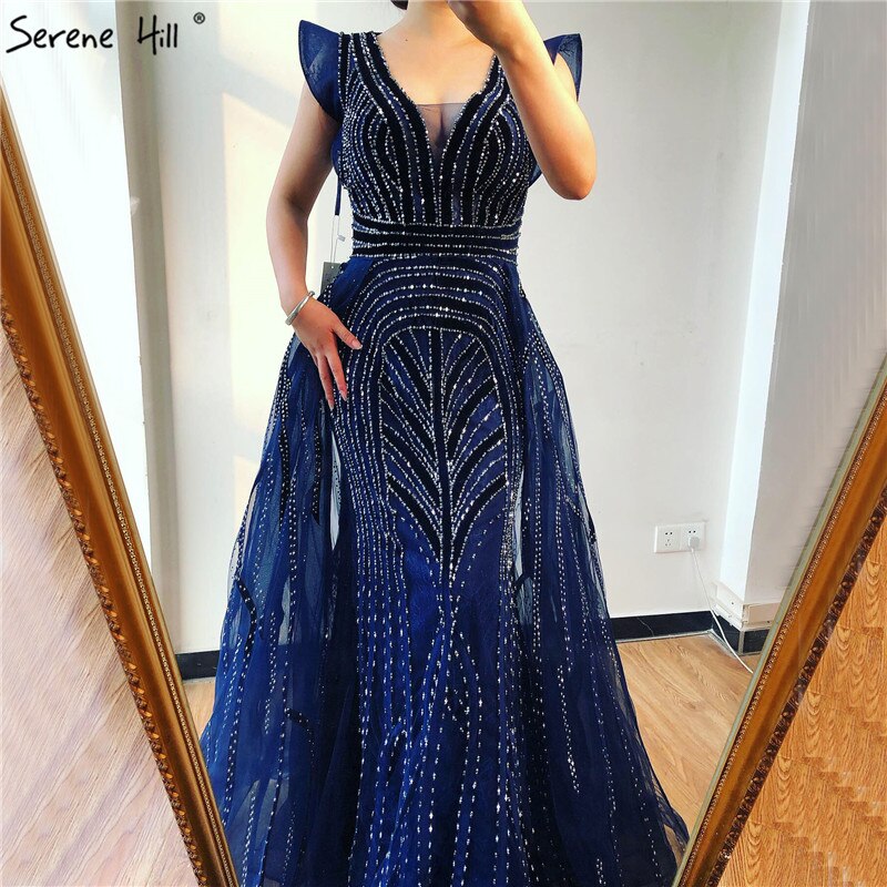 Dubai Navy Blue Deep-V Sexy Evening Dresses 2025 Sleeveless Crystal Navy Blue / 12