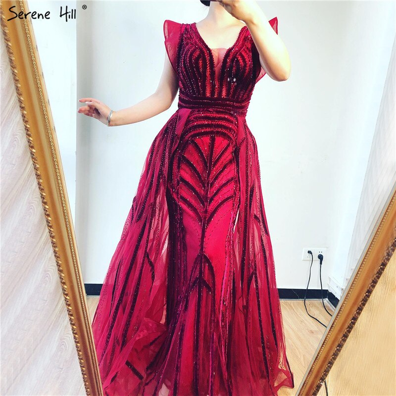 Dubai Navy Blue Deep-V Sexy Evening Dresses 2025 Sleeveless Crystal wine red / 8