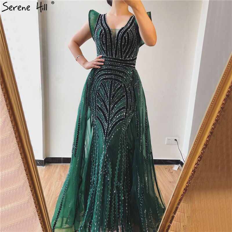 Dubai Navy Blue Deep-V Sexy Evening Dresses 2025 Sleeveless Crystal Luxury Mermaid Evening Gowns Design Serene Hill LA70198 - SERENE HILL