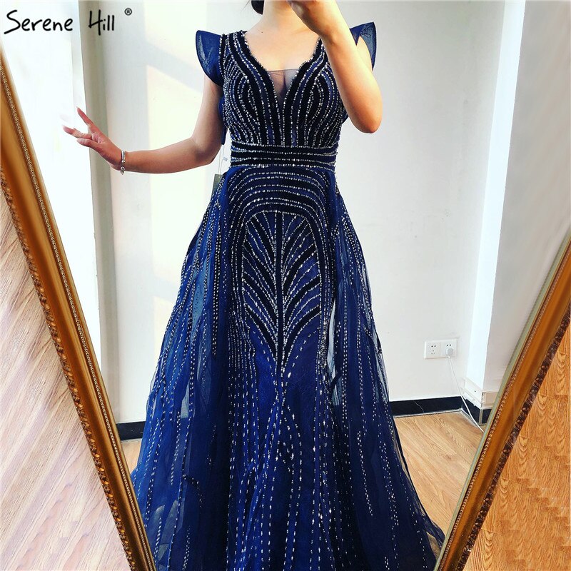 Dubai Navy Blue Deep-V Sexy Evening Dresses 2025 Sleeveless Crystal Luxury Mermaid Evening Gowns Design Serene Hill LA70198 - SERENE HILL