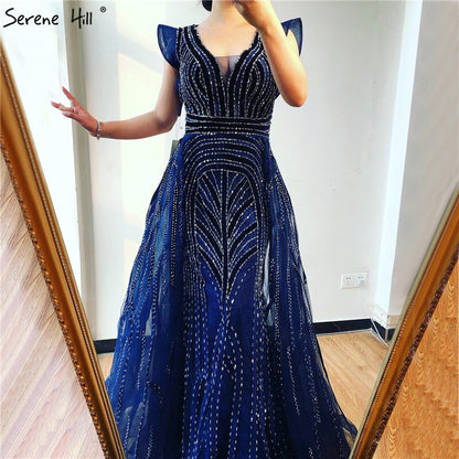 Dubai Navy Blue Deep-V Sexy Evening Dresses 2025 Sleeveless Crystal Luxury Mermaid Evening Gowns Design Serene Hill LA70198 - SERENE HILL