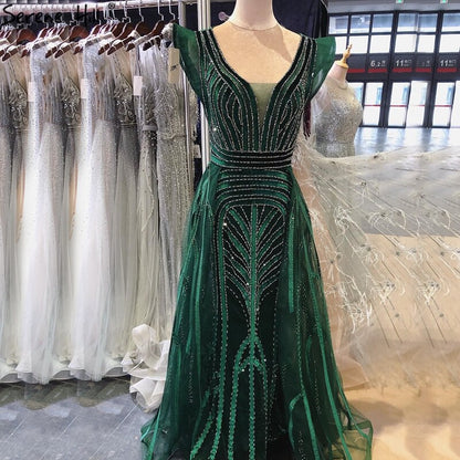 Dubai Navy Blue Deep-V Sexy Evening Dresses 2025 Sleeveless Crystal Luxury Mermaid Evening Gowns Design Serene Hill LA70198 - SERENE HILL