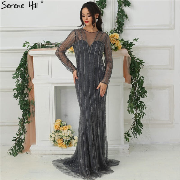 Sale Dubai New Gold Fashion Mermaid Evening Dresses 2025 Long Sleeves Beading Sexy Luxury Evening Party Dress LA6629