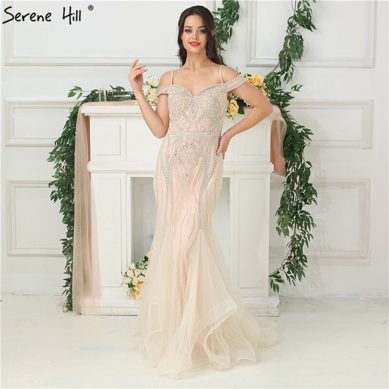 Sale Dubai Nude Boat Neck Luxury Sexy Evening Dresses Diamond Pearls Off Shoulder Evening Gowns 2025 Real Photo LA6696 - SERENE HILL