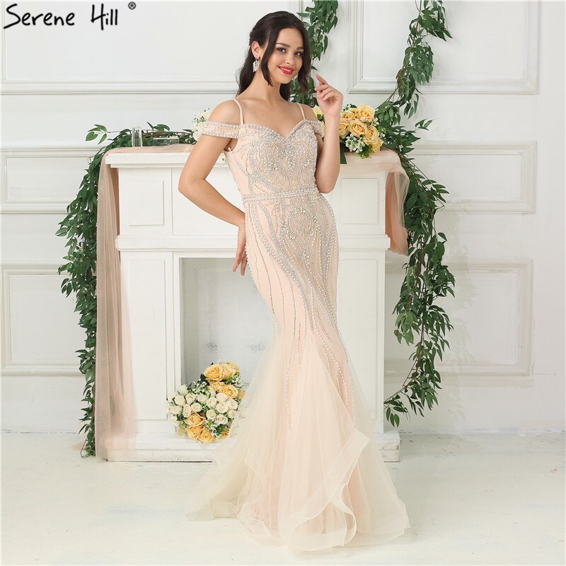 Sale Dubai Nude Boat Neck Luxury Sexy Evening Dresses Diamond Pearls Off Shoulder Evening Gowns 2025 Real Photo LA6696 - SERENE HILL