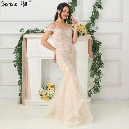Sale Dubai Nude Boat Neck Luxury Sexy Evening Dresses Diamond Pearls Off Shoulder Evening Gowns 2025 Real Photo LA6696 - SERENE HILL
