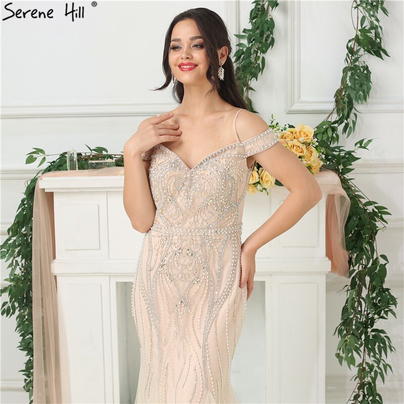 Sale Dubai Nude Boat Neck Luxury Sexy Evening Dresses Diamond Pearls Off Shoulder Evening Gowns 2025 Real Photo LA6696 - SERENE HILL