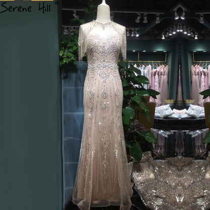 Dubai Nude Mermaid Luxury O-Neck Evening Dresses 2025 Short Sleeves Beading Tassel Formal Dress Serene Hill LA70646 - SERENE HILL
