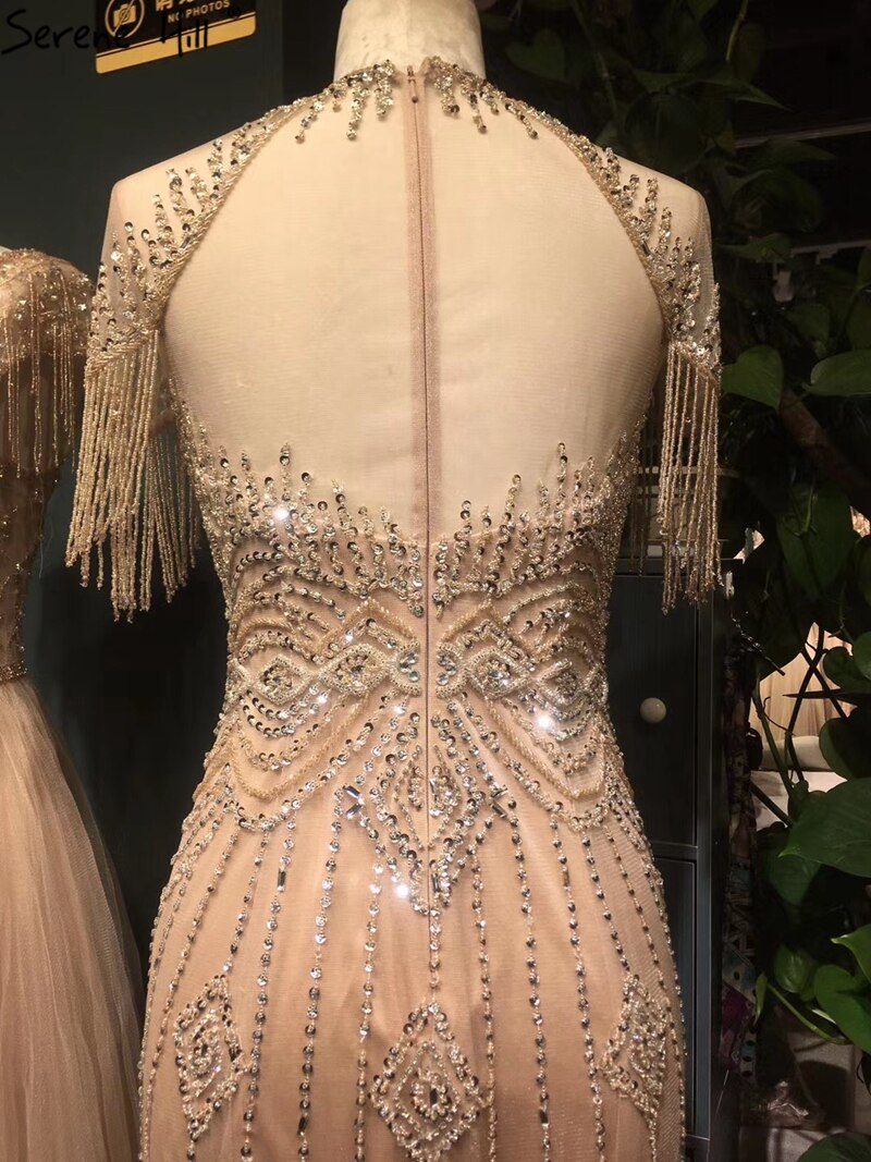 Dubai Nude Mermaid Luxury O-Neck Evening Dresses 2025 Short Sleeves Beading Tassel Formal Dress Serene Hill LA70646 - SERENE HILL