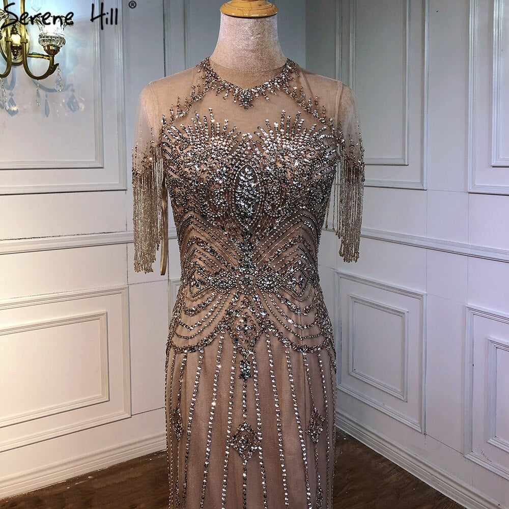 Dubai Nude Mermaid Luxury O-Neck Evening Dresses 2025 Short Sleeves Beading Tassel Formal Dress Serene Hill LA70646 - SERENE HILL