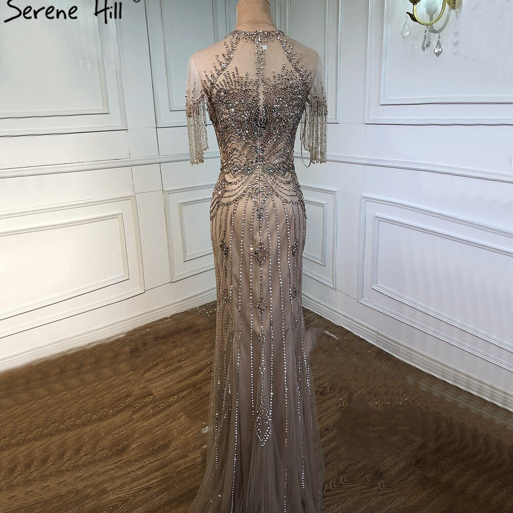 Dubai Nude Mermaid Luxury O-Neck Evening Dresses 2025 Short Sleeves Beading Tassel Formal Dress Serene Hill LA70646 - SERENE HILL